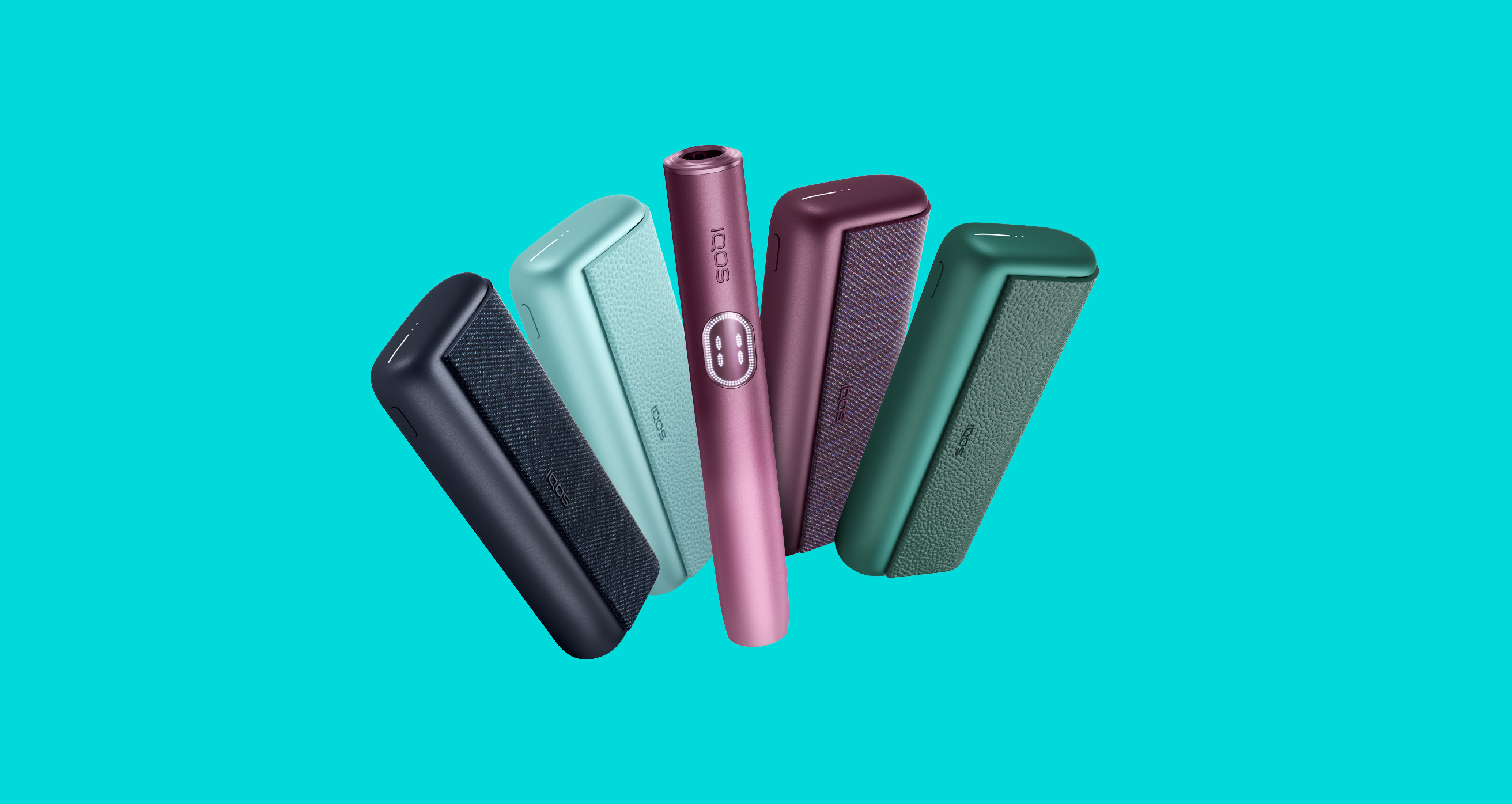 IQOS ILUMA i PRIME devices in 4 colors on a turquoise background